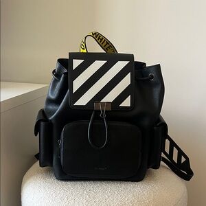 Off-White Black Backpack with White Stripes and Yellow Strap